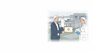 Illustration of a certification auditor handing a BRCGS certificate to a quality manager on a food plant floor