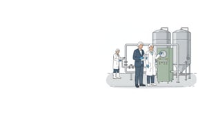 Illustration of a certification-body auditor with a clipboard and a dairy plant quality director at a pasteurizer control panel in front of stainless steel milk silos, with a plant operator checking pipework, everyone in hairnets