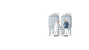 Brewer in a hairnet, white smock and gloves dipping a pH tester into a beer sample beside conical fermentation tanks while a food safety auditor with a clipboard watches