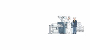 Illustration of a quality technician in a hairnet holding up a film sample beside a packaging film line while a colleague checks a clipboard