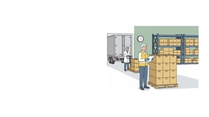 Workers in hairnets and gloves check sealed cartons of packaged food at a distribution warehouse receiving dock