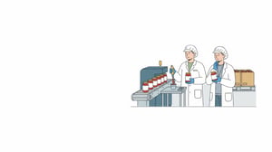 Illustration of a sauce co-packer line: a technician in a hairnet checks the pH of a sauce sample while a brand owner inspects a finished jar