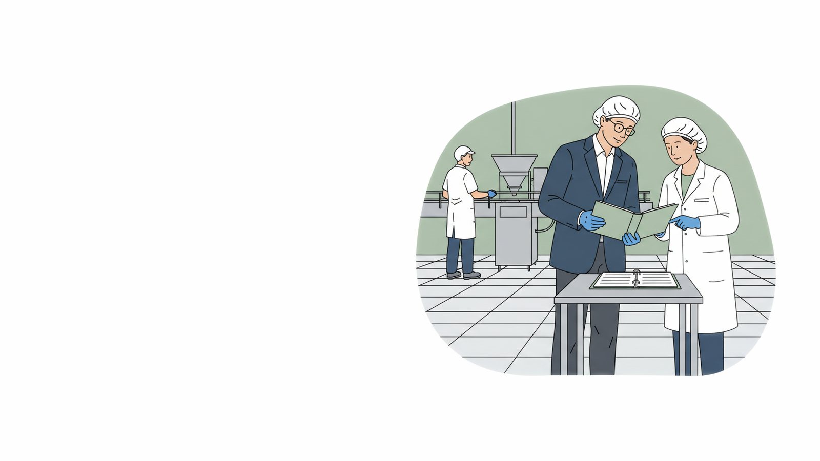 Illustration of an SQF auditor reviewing a records binder with a quality manager on a food plant floor