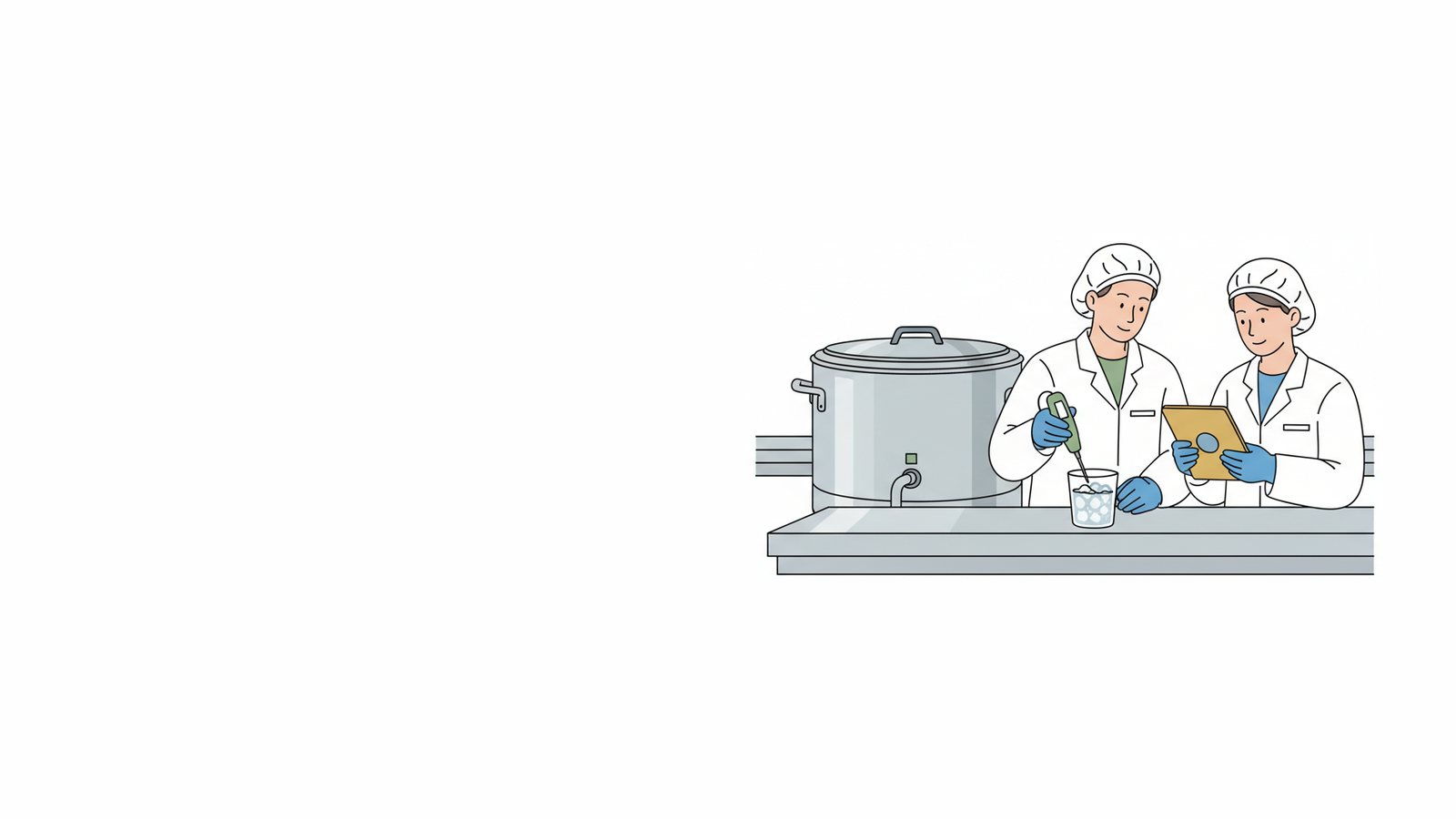Illustration of a food plant quality technician checking a probe thermometer in an ice-water cup while a colleague reviews records on a tablet
