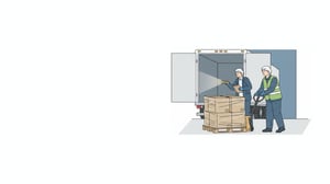 Illustration of a food safety auditor checking a delivery trailer with a flashlight while a worker brings a stretch-wrapped pallet to the loading dock