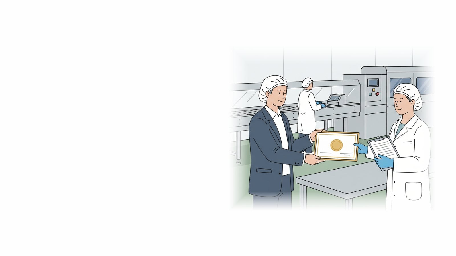 Illustration of a certification auditor handing a BRCGS certificate to a quality manager on a food plant floor