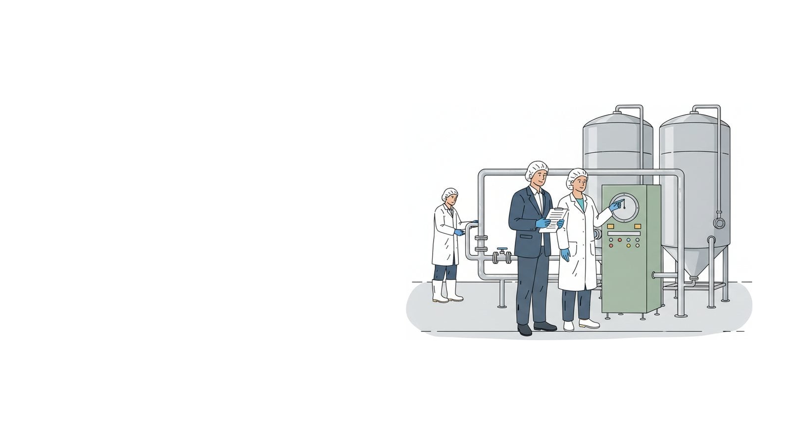 Illustration of a certification-body auditor with a clipboard and a dairy plant quality director at a pasteurizer control panel in front of stainless steel milk silos, with a plant operator checking pipework, everyone in hairnets
