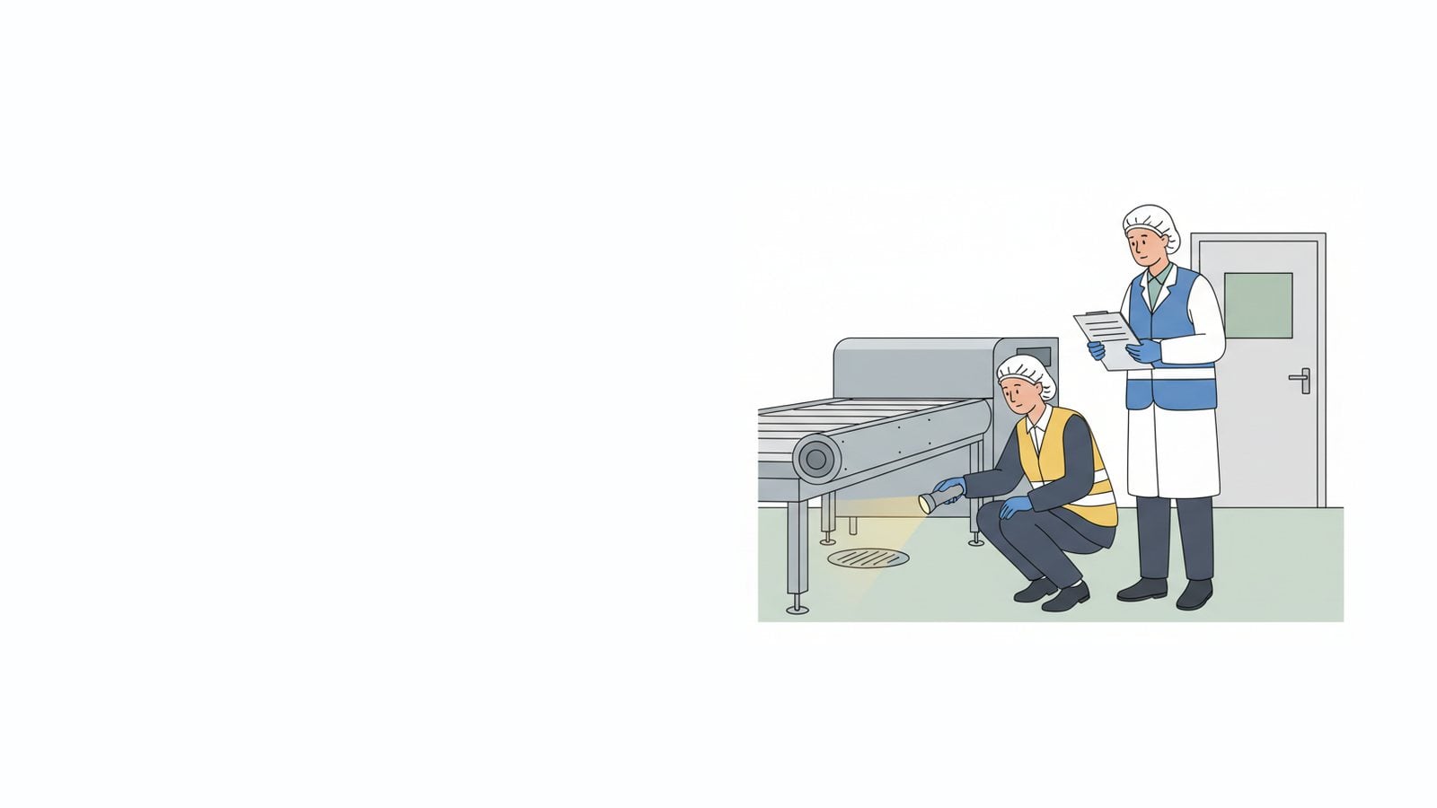 Illustration of a BRCGS auditor shining a flashlight under a conveyor while a QA manager takes notes on a food plant floor