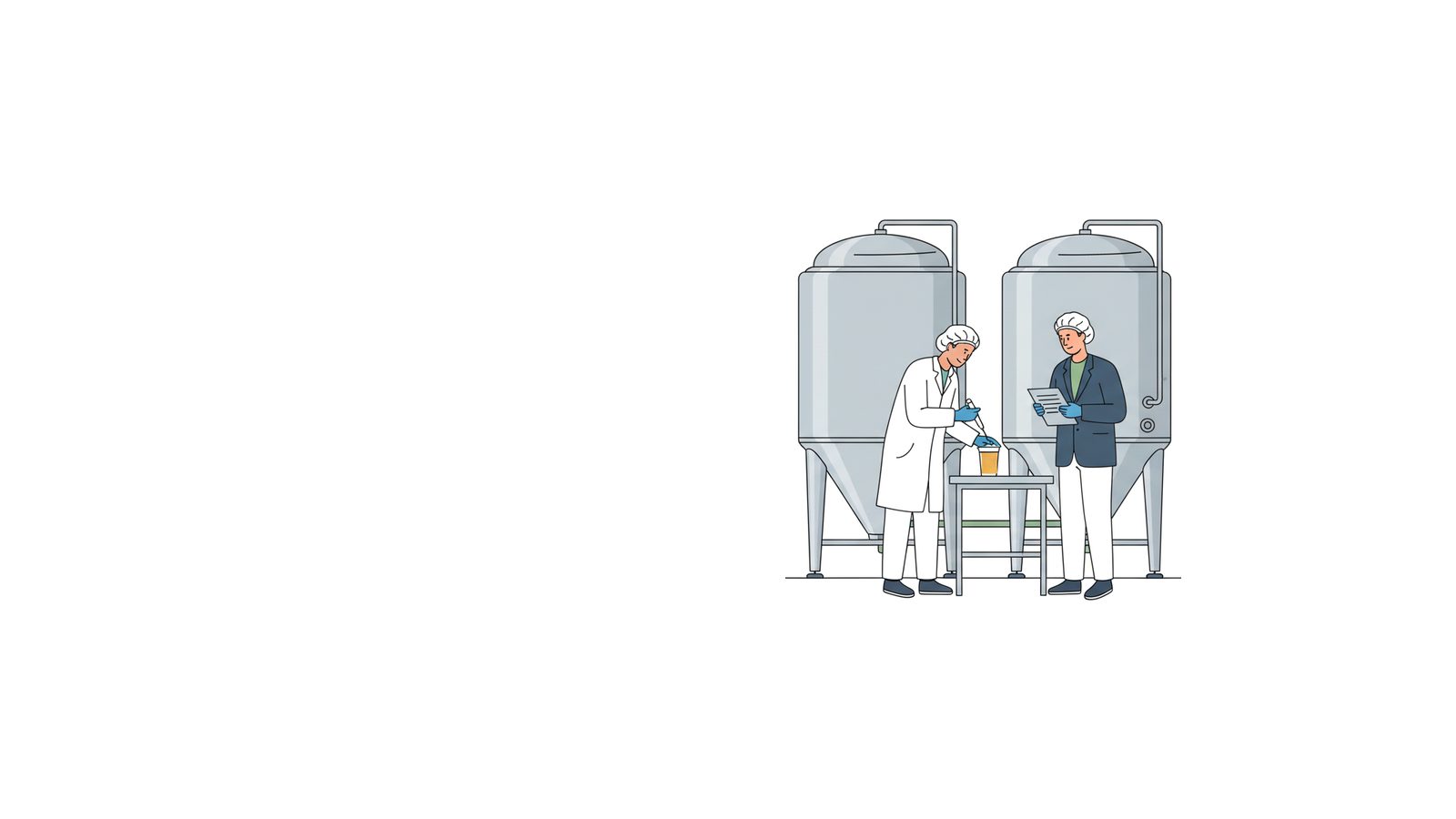 Brewer in a hairnet, white smock and gloves dipping a pH tester into a beer sample beside conical fermentation tanks while a food safety auditor with a clipboard watches