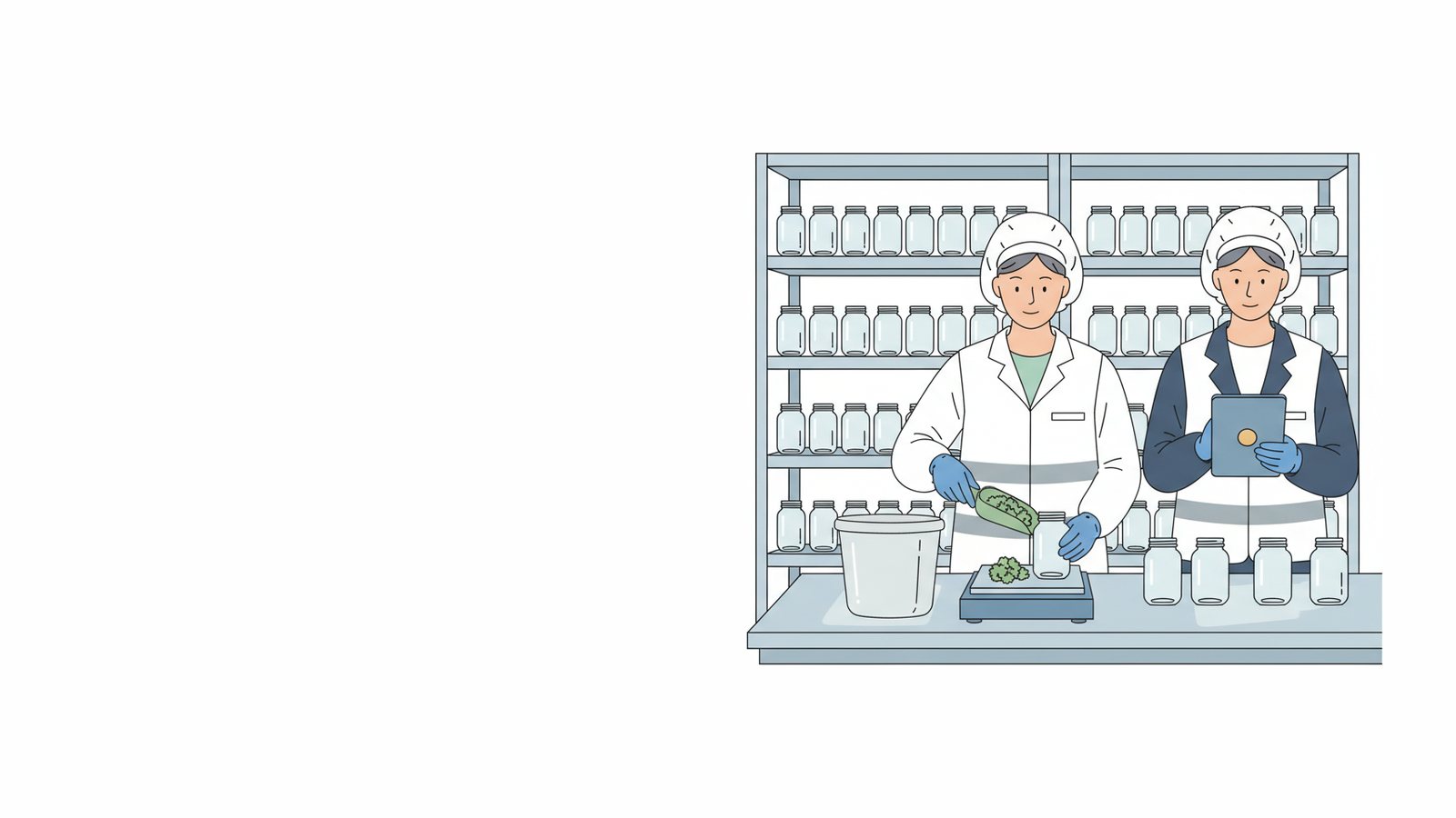 Illustration of a cannabis packing room where a technician in a hairnet and gloves weighs dried flower into glass jars while an auditor with a tablet observes
