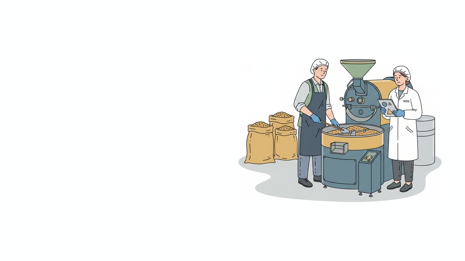 Coffee roaster in a hairnet and gloves stirring beans in a drum roaster's cooling tray while a quality technician records checks on a tablet, with sacks of green coffee nearby