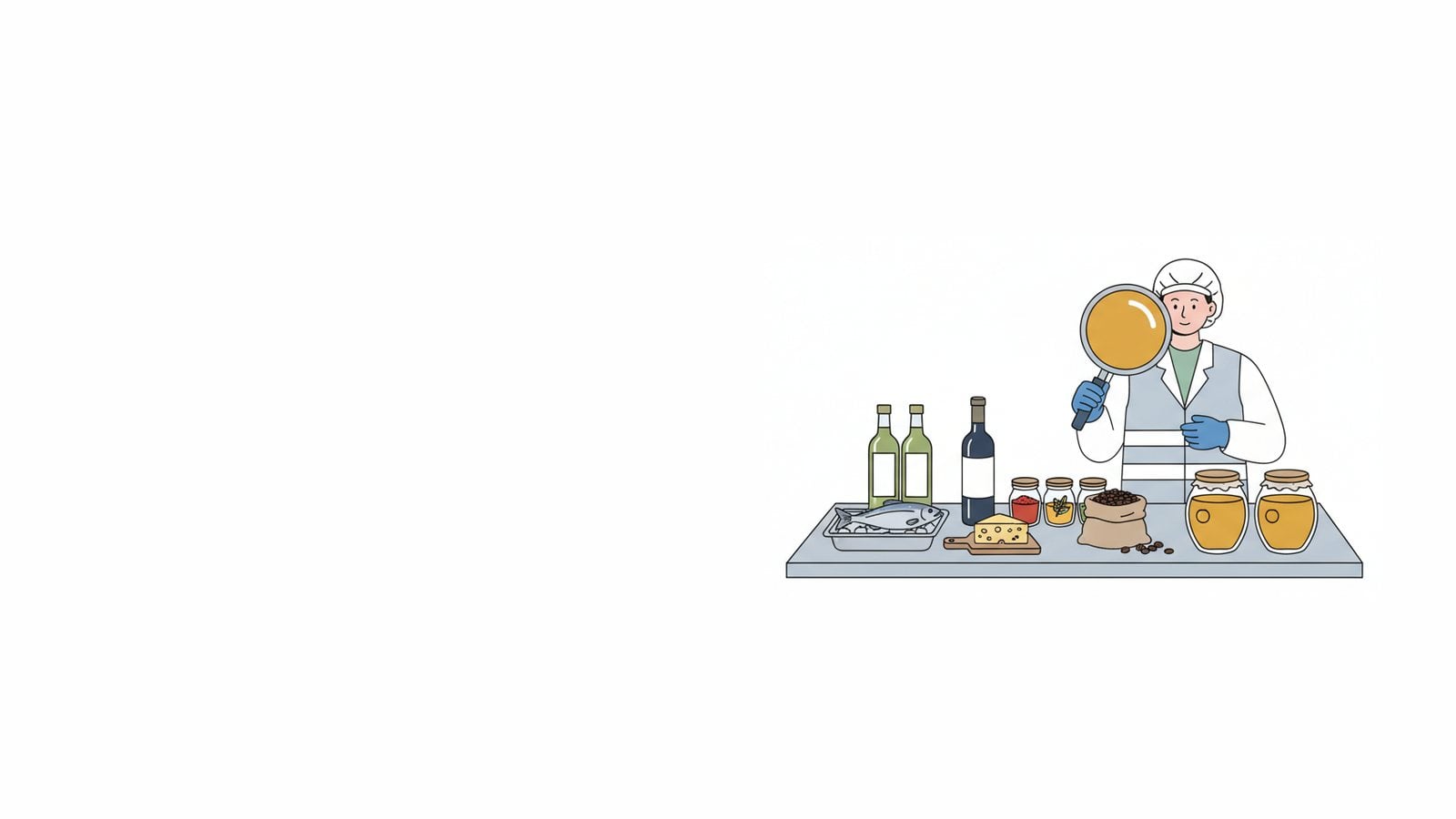 Illustration of a quality technician in a hairnet using a magnifying glass to inspect jars of honey beside olive oil, fish, spices, cheese, wine and coffee