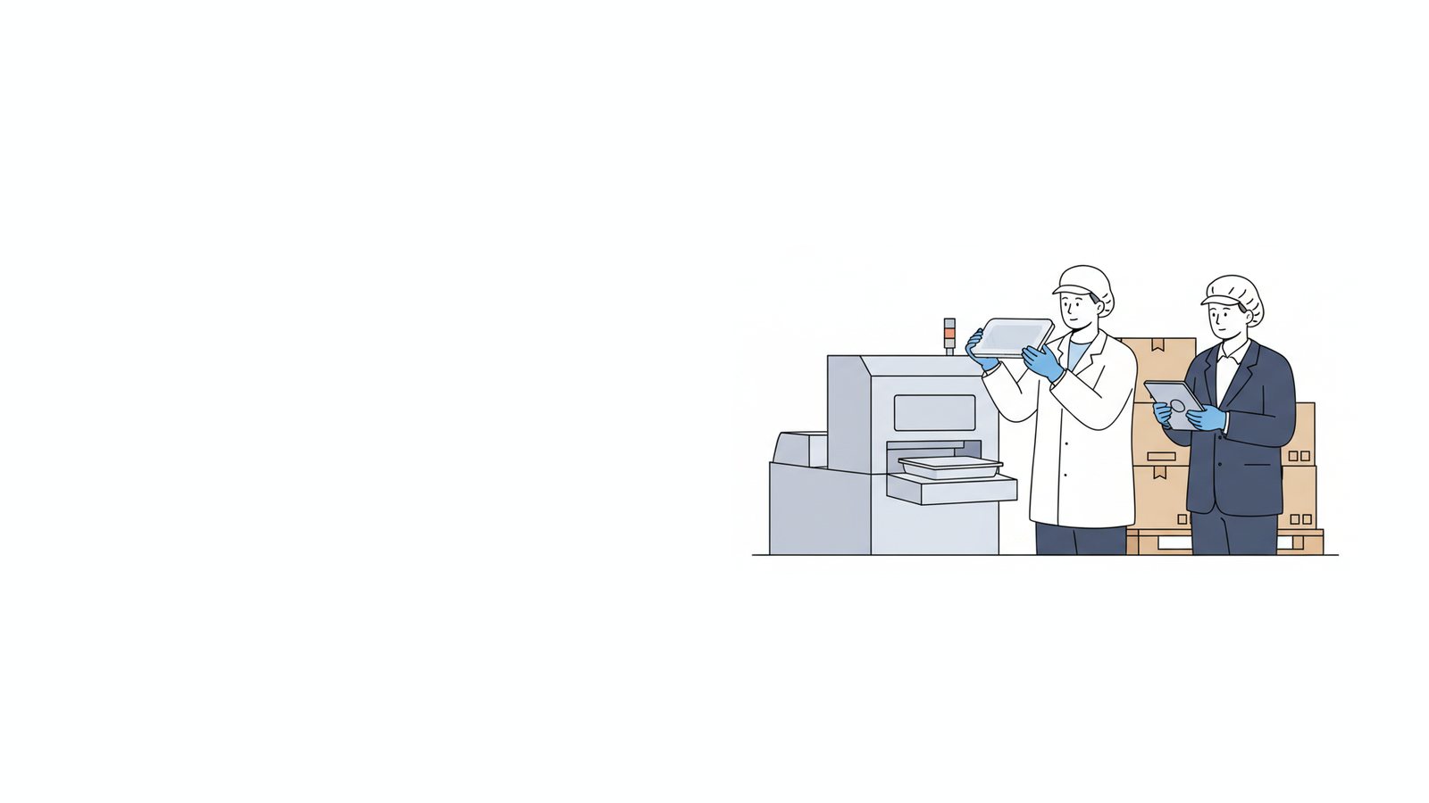 Illustration of a line operator inspecting a sealed food tray at a packaging machine while an auditor looks on
