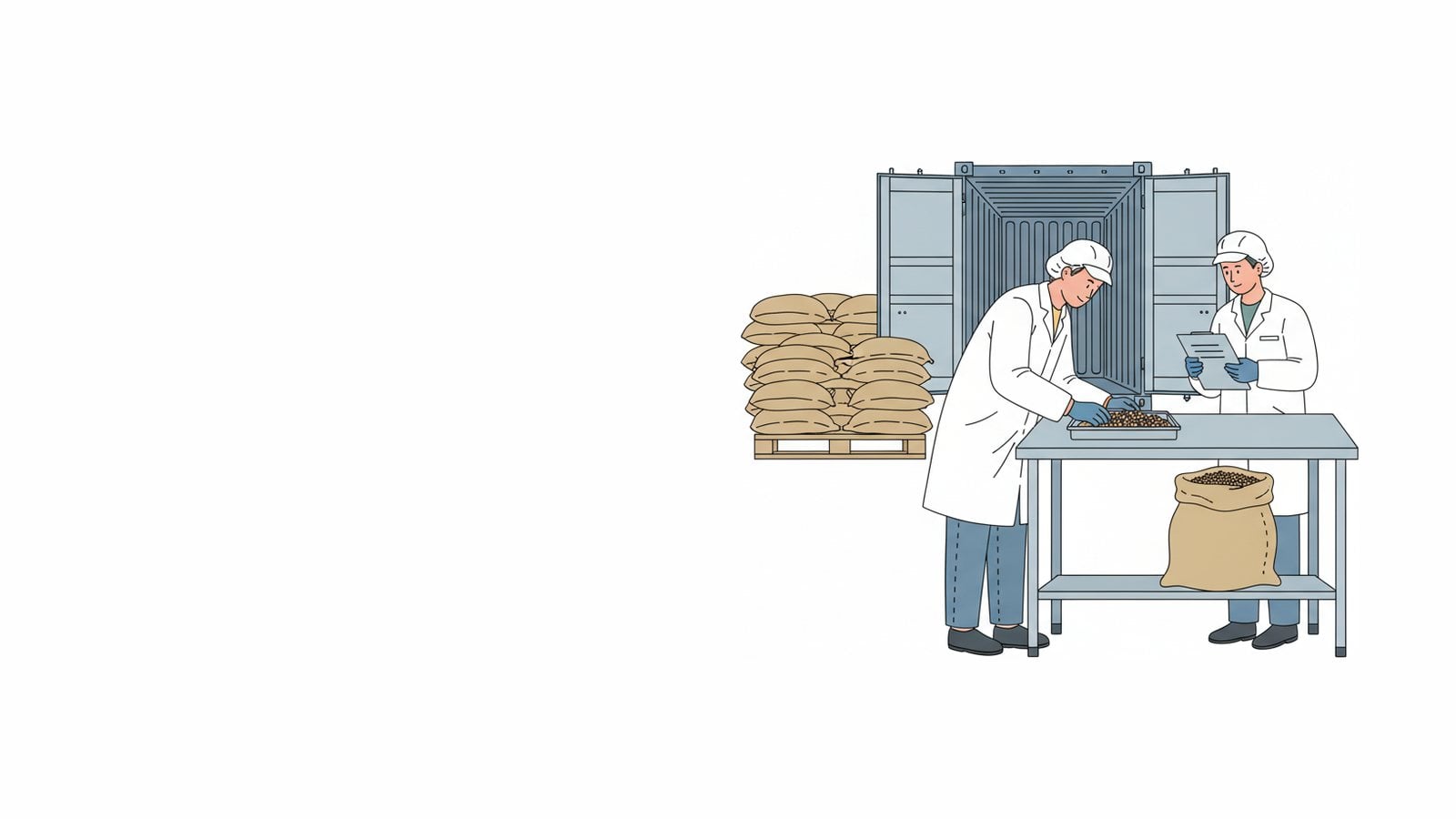 Quality technician in a hairnet and gloves inspecting a tray of an imported ingredient from an open sack at a stainless steel table while a colleague reviews a clipboard, with an open shipping container and pallets of sacks behind them