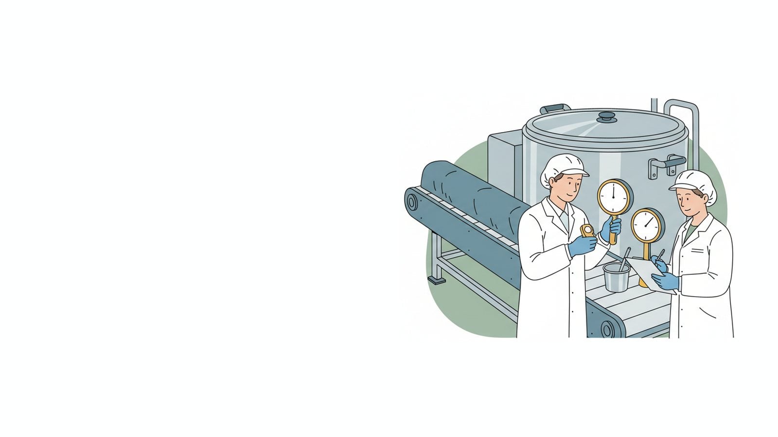 Illustration of a production supervisor checking a handheld probe thermometer against a reference thermometer while a quality manager records results in a food plant
