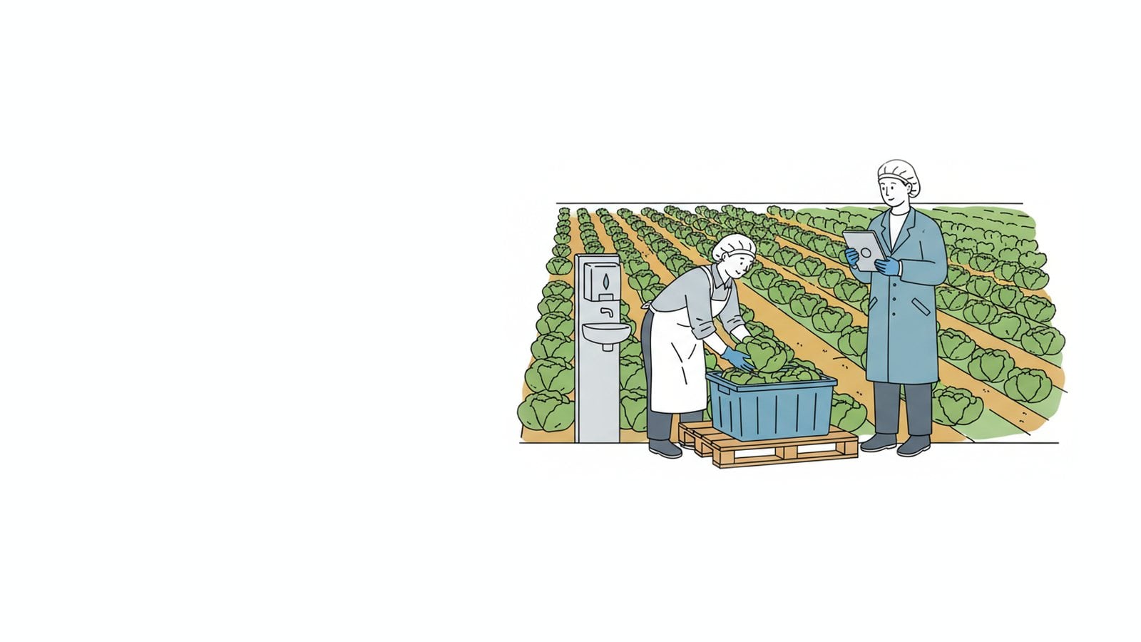 Harvest worker in a hairnet and gloves packing lettuce into a bin while a food safety auditor with a tablet watches, beside a field handwash station