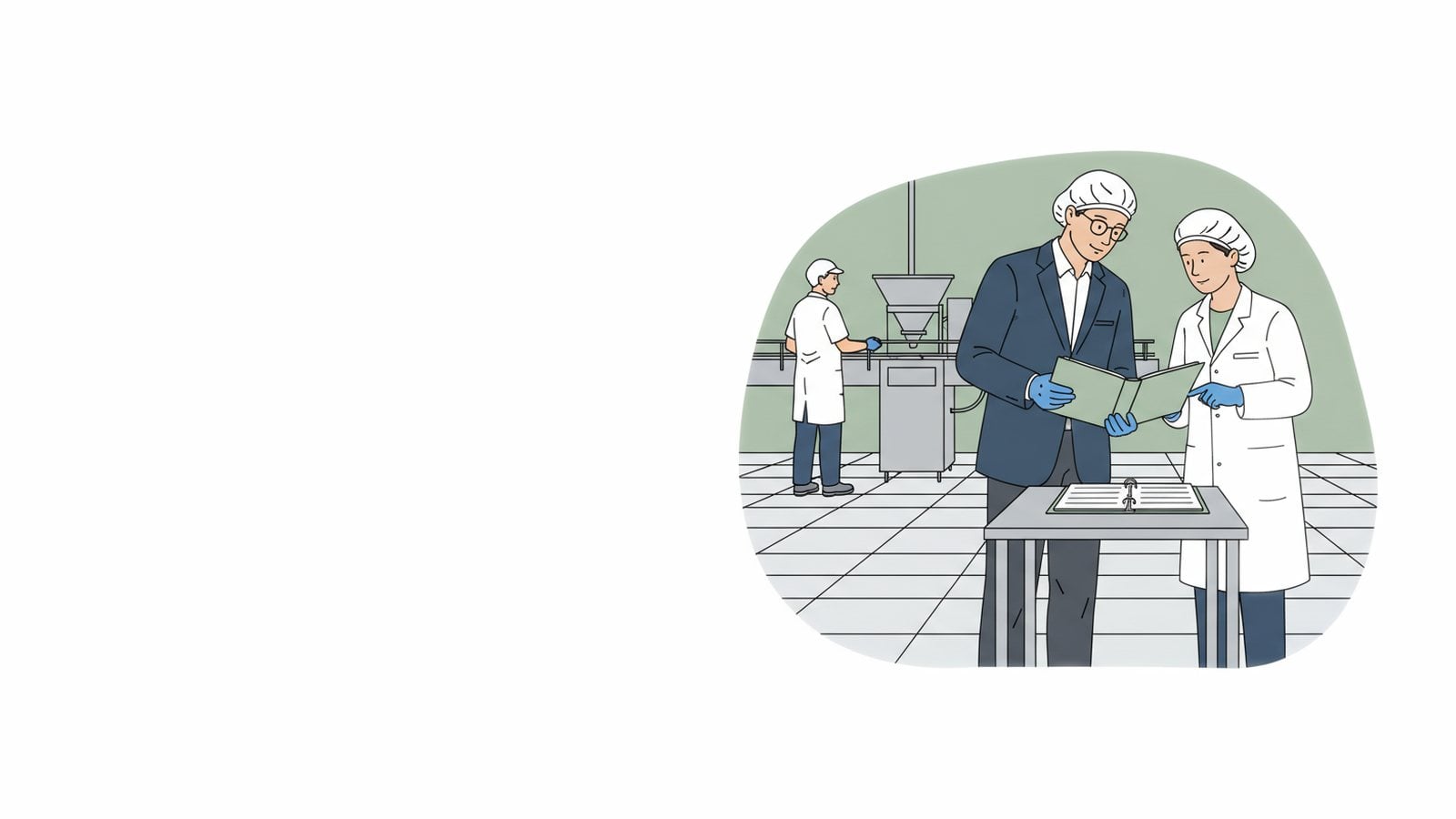 Illustration of an SQF auditor reviewing a records binder with a quality manager on a food plant floor