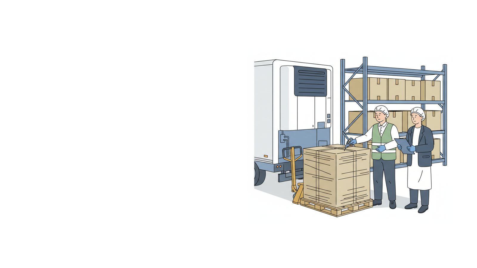 Illustration of a warehouse worker taking a pallet temperature at a refrigerated trailer while an auditor reviews a clipboard
