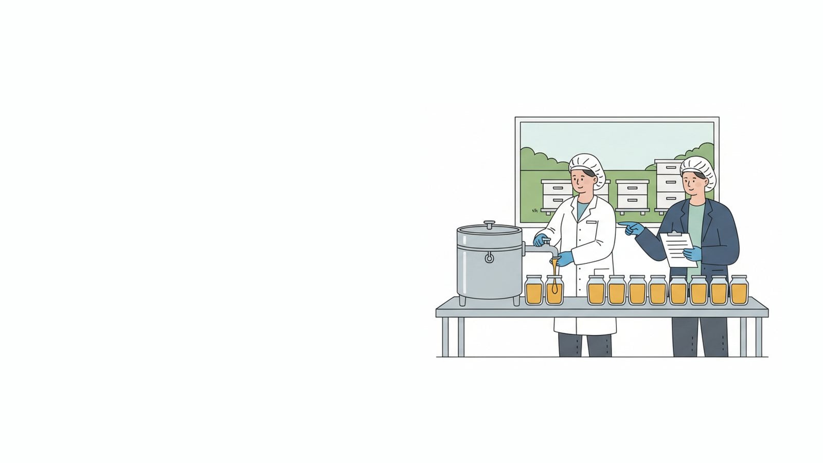 Illustration of a honey packer filling jars from a settling tank while a food safety reviewer checks them with a clipboard